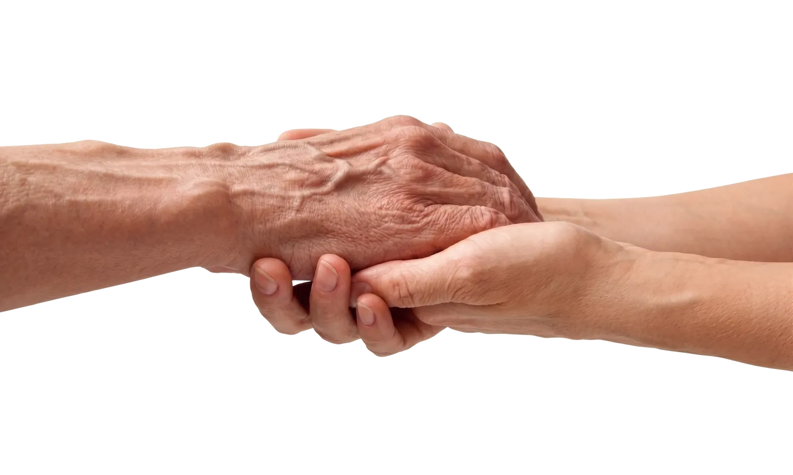 Mãos de uma pessoa jovem amparando a mão de uma pessoa idosa.